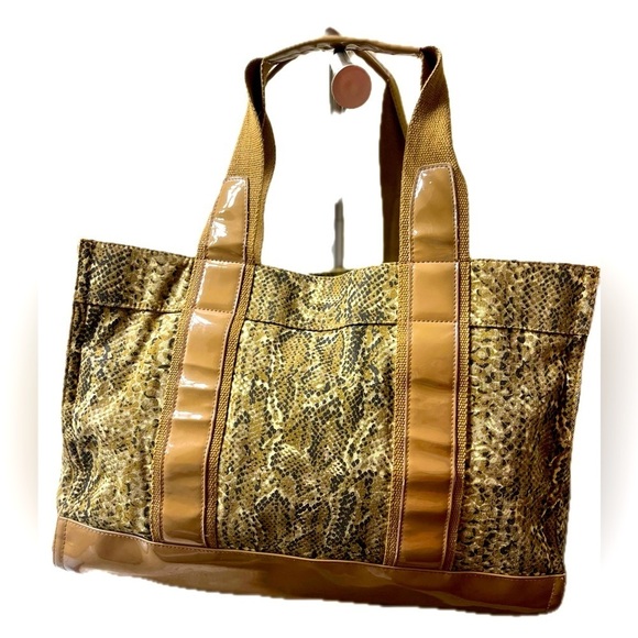 Tory Burch Women’s Snakeskin Canvas & Caramel Patent Leather Shoulder Tote - Picture 3 of 15